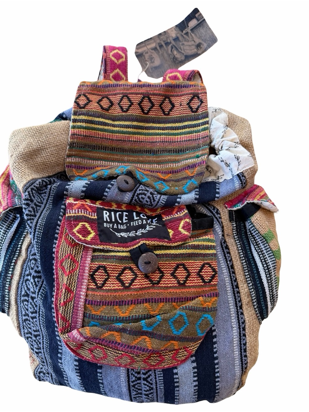 Rice Love Handmade Upcycled Fair Trade Patchwork Boho Backpack Bag